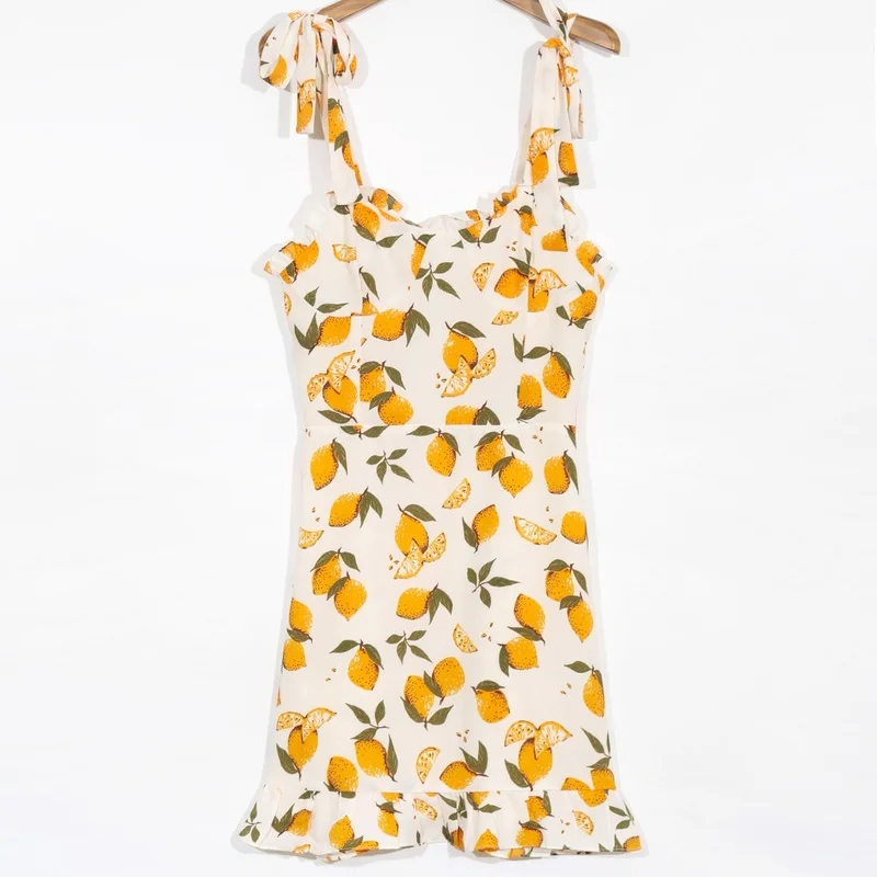 

2023 Sweet V-neck Fruit Print Spaghrtti Straps Dress Bandage Summer Cottagecore Women Casual Sexy Fairy Beach Daily Mini Dresses