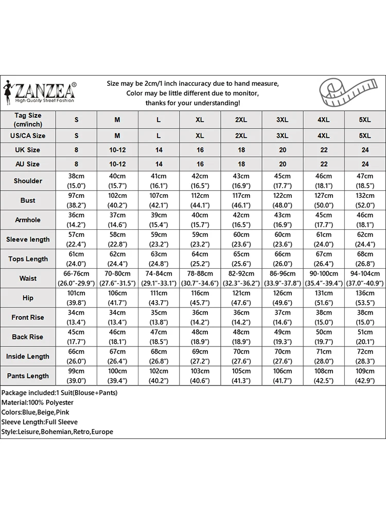 ZANZEA осень 2024 элегантные женские блузки с длинными рукавами брюки комплекты