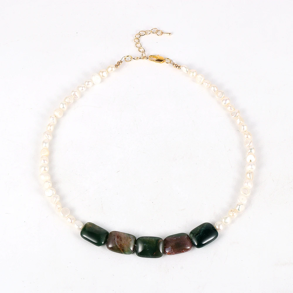 

Baguette Natural Stone Real Pearl Statement Necklace For Women Pink Crystal Turquoise Beaded Necklace Choker Boho Men Jewelry