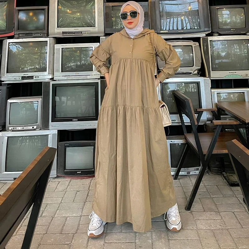 Women Ramadan Eid Muslim Abaya Hooded Dress Solid Color Maxi Long Sleeve Middle East Loose Dubai Turkey Hijab Modest Arab Dress