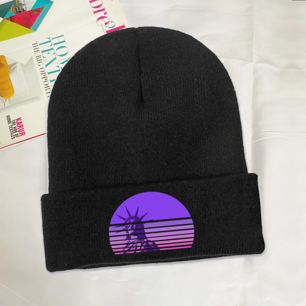 

Synthwave Statue of Liberty Cultural Architecture Knitting Beanie Caps Skullies Beanies Ski Caps Soft Bonnet Hats Winter Warm