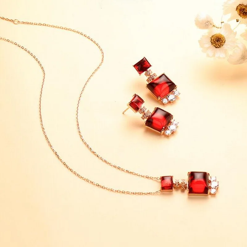 

High-end Jewellery Women Lady Inlay Cubic Zircon Red Stone Pendant Plated Rose Gold Color Necklace 925 Silver Needle Earrings