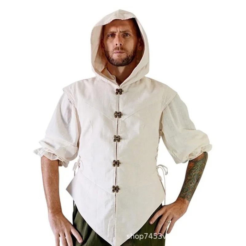 

2022 Men's New Summer Linen Shirt Medieval Solid Color Slim Fit Three-Quarter Sleeve Hooded Shirt