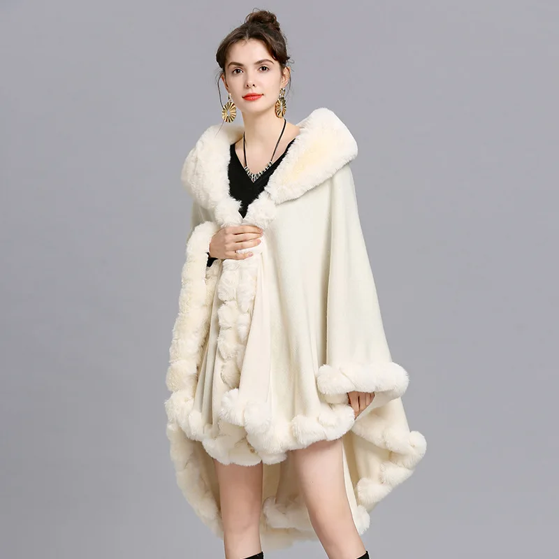 Outerwear, women's cape, shawl, loose faux fur collar, knitted cardigan, shawl cape