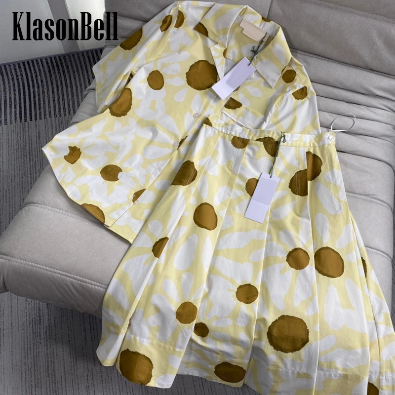 

6.17 KlasonBell Yellow Daisy Print Half Sleeve Loose Shirt Or High Waist Pleated Skirt Set Women