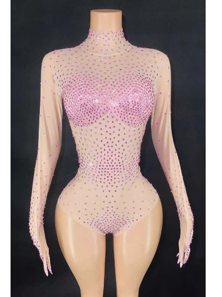 Высококачественный популярный эластичный сетчатый комбинезон со стразами