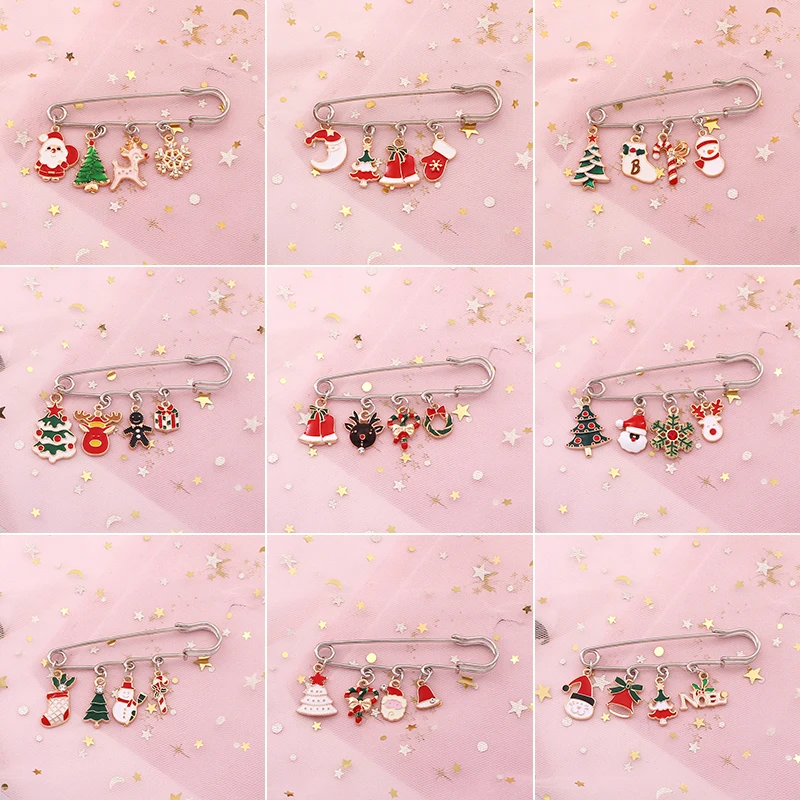 

Christmas Brooch Button Women Santa Claus Tree Gloves Elk Chain Tassel Long Pin Cardigan Coat Cloak New Year Party Jewelry Gift