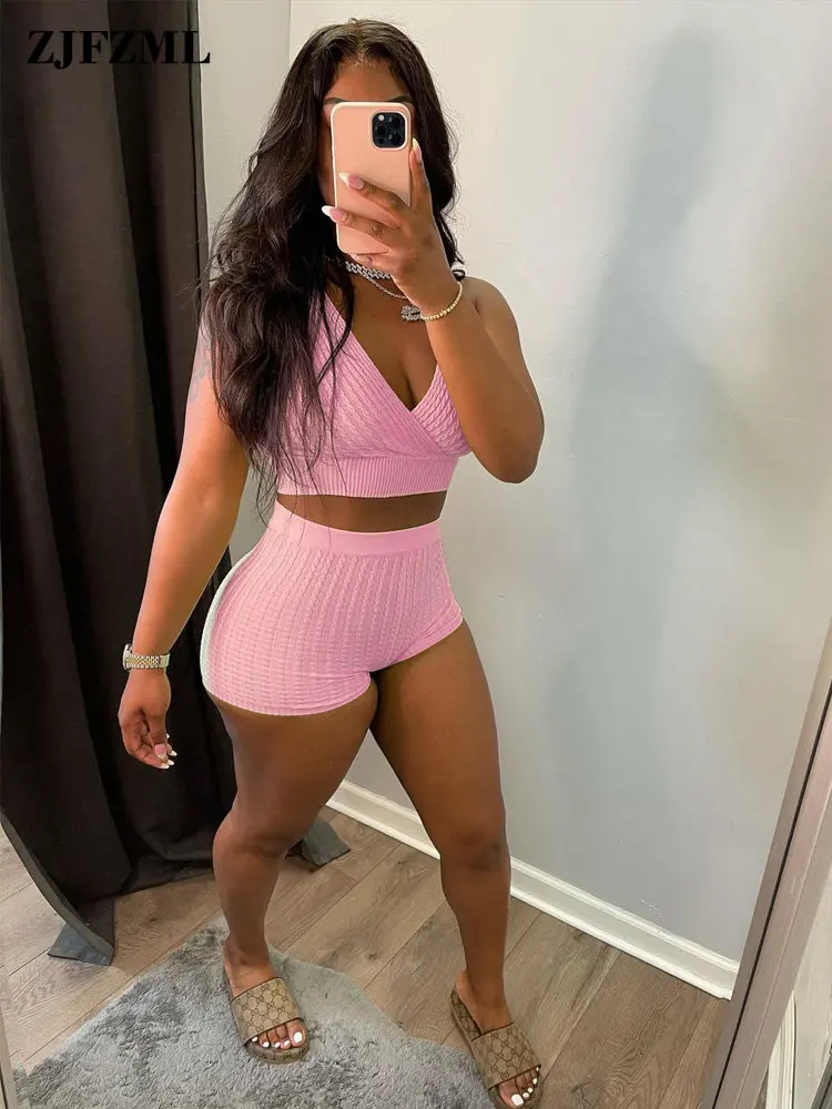 

Neon Color Elastic Ribbed 2 Piece Short Sets for Women Plunge V Neck Sleeveless Tank Tops and Tummy Control Biker Short Outfit
