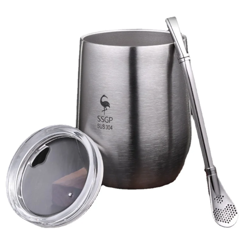 

Portable Spoon Anti-scald Coffee Mate Cup Lid Double-wall 304 12oz Water Straw Set Cup Teacup Tea Stainless Yerba Cup With