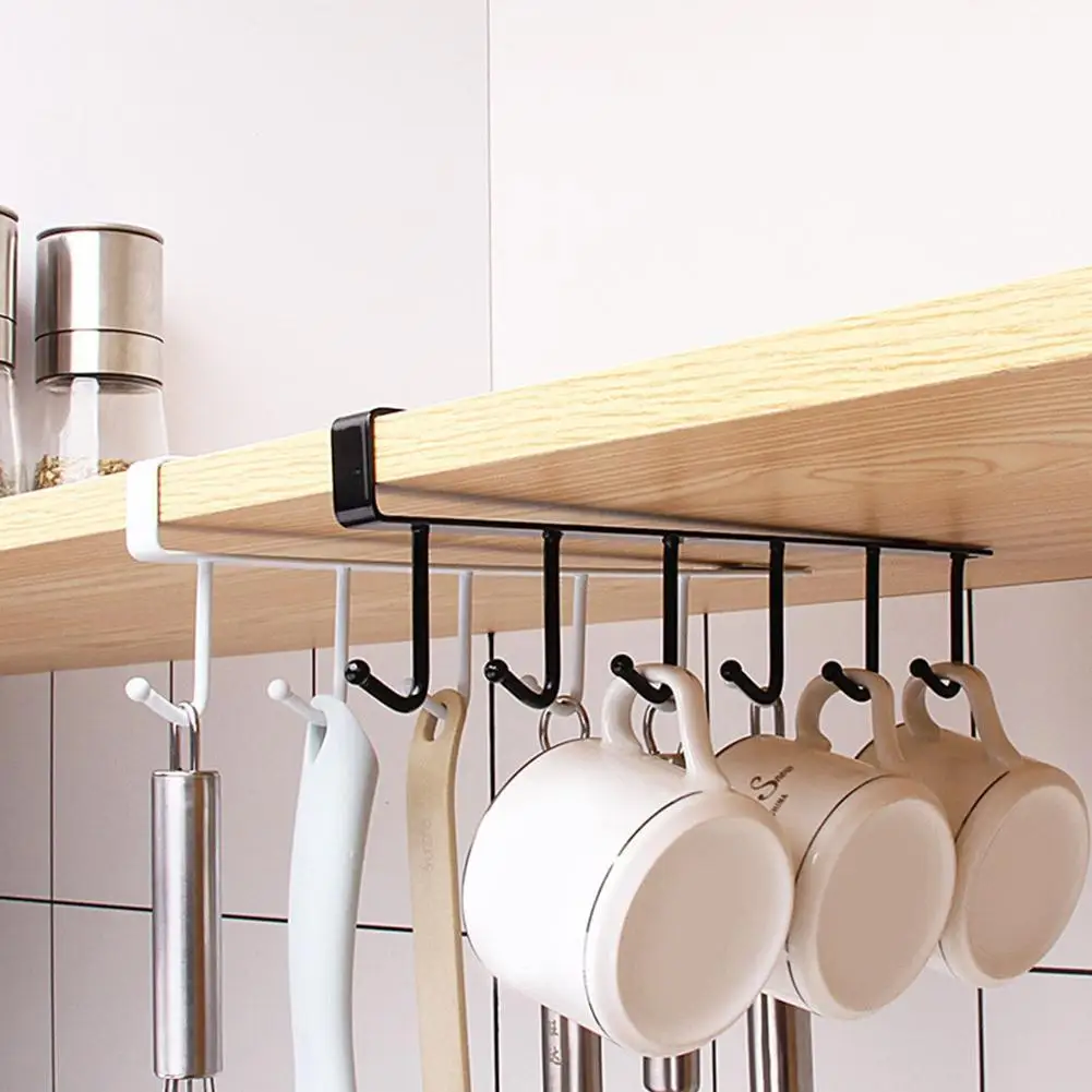 6 Hooks Storage Shelf Kitchen Organizer Wardrobe Cabinet Metal Under Shelves Mug Cup Hanger Bathroom Kitchen Organizer