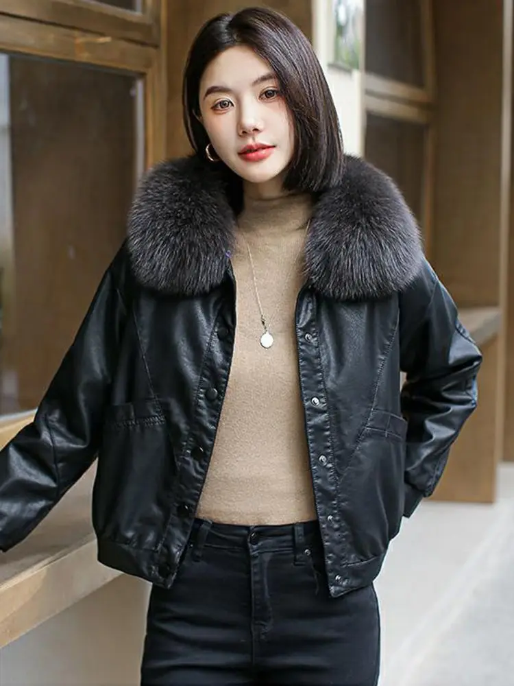 New Women Plus Velvet Lining Leather Jacket Autumn Winter Fashion Warm Fox Fur Collar Loose Short Motorbiker Coat Split Leather