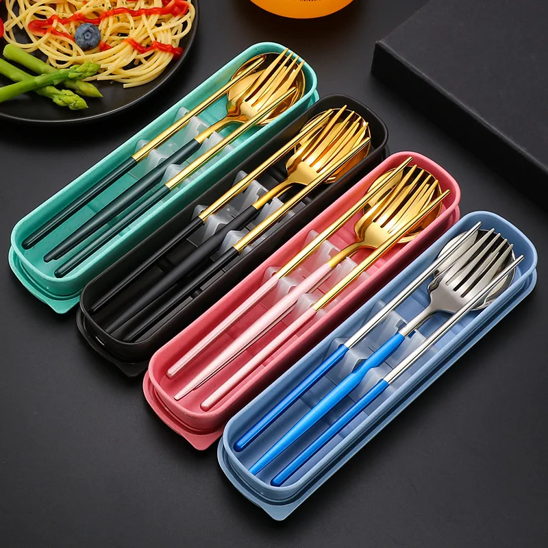 

3 Pcs Dinnerware Set Stainless Steel Eco-friendly Spoon Fork Chopsticks Travel Metal Cutlery Set Portable