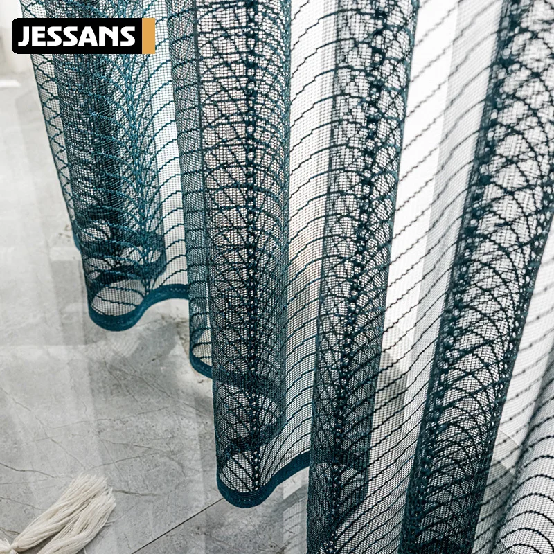 

Luxury Blue Lace Stripes GEOMETRIC Curtains Cloth for Living Room Modern ART Hollow Out Gauze/Yarn for Bedroom * VT