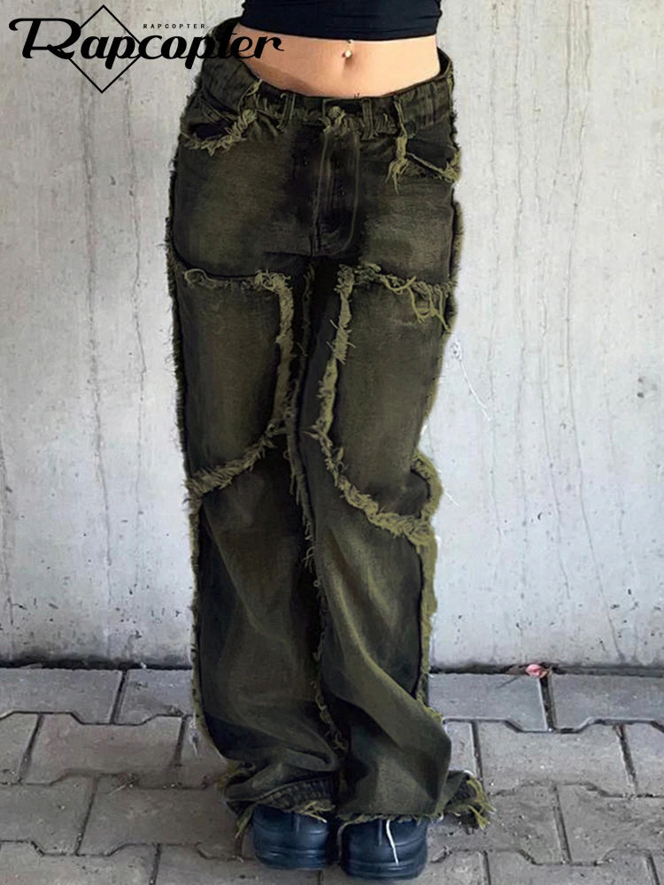 

Rapcopter Y2K Do Old Tassel Zipper Jeans Vintage Pockets Straight Trousers Women Retro Streetwear Pant Basic Korean Jeans New