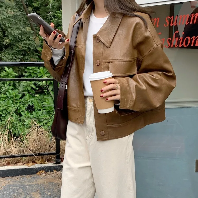 Autumn Short Brown Black Thick Oversized Faux Leather Jackets for Women Long Sleeve Buttons Runway Loose Korean Fashion 2023