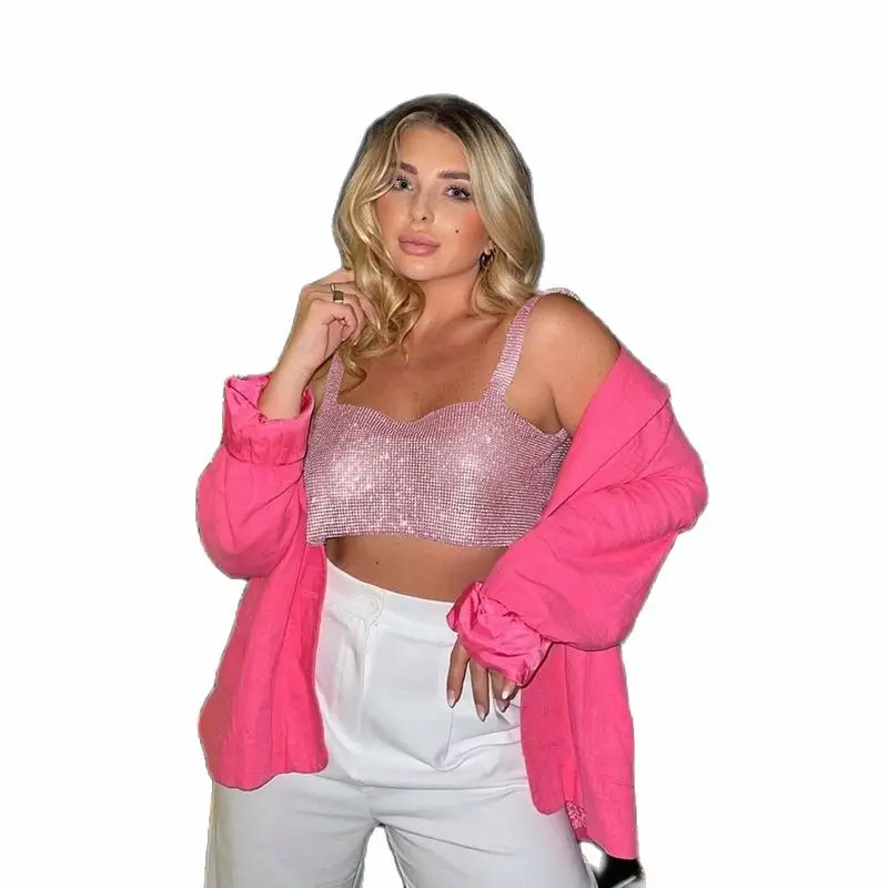 

2022 Sexy Women Bling Glitter Crop Top Sleeveless Backless Camis Nightclub Vest Summer Streetwear Silver Girl Pullover Y2k Top