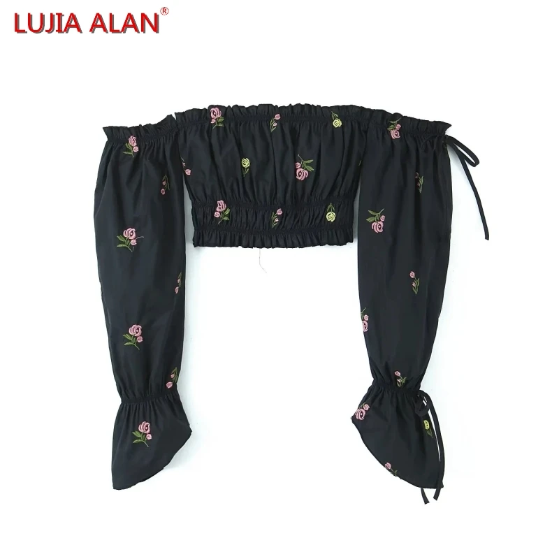 

Летняя новая женская короткая блузка с цветочной вышивкой, женская рубашка с длинным рукавом, повседневные облегающие кроп-топы, LUJIA ALAN B1856