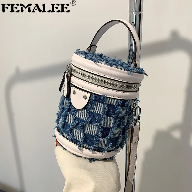 

Дизайнерские дамские клетчатые кошельки на плечо из джинсовой кожи в форме бочонка, 2022 клетчатые женские сумочки, 2022 фирменные кошельки-вед...