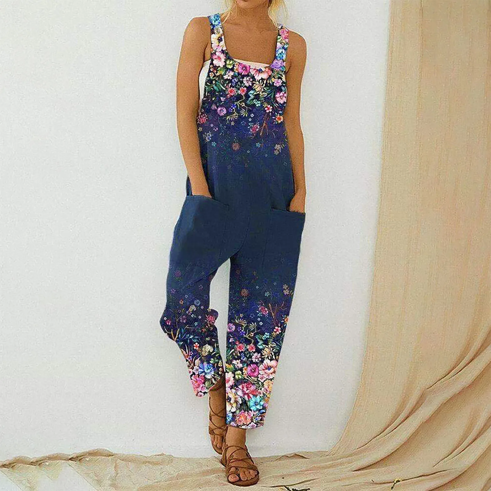

Summer Womens Jumpsuit Pants Overalls Rompers Daisy Printed Buttons Suspender Jumpsuit Bodysuit Rompers kombinezon damski 2022