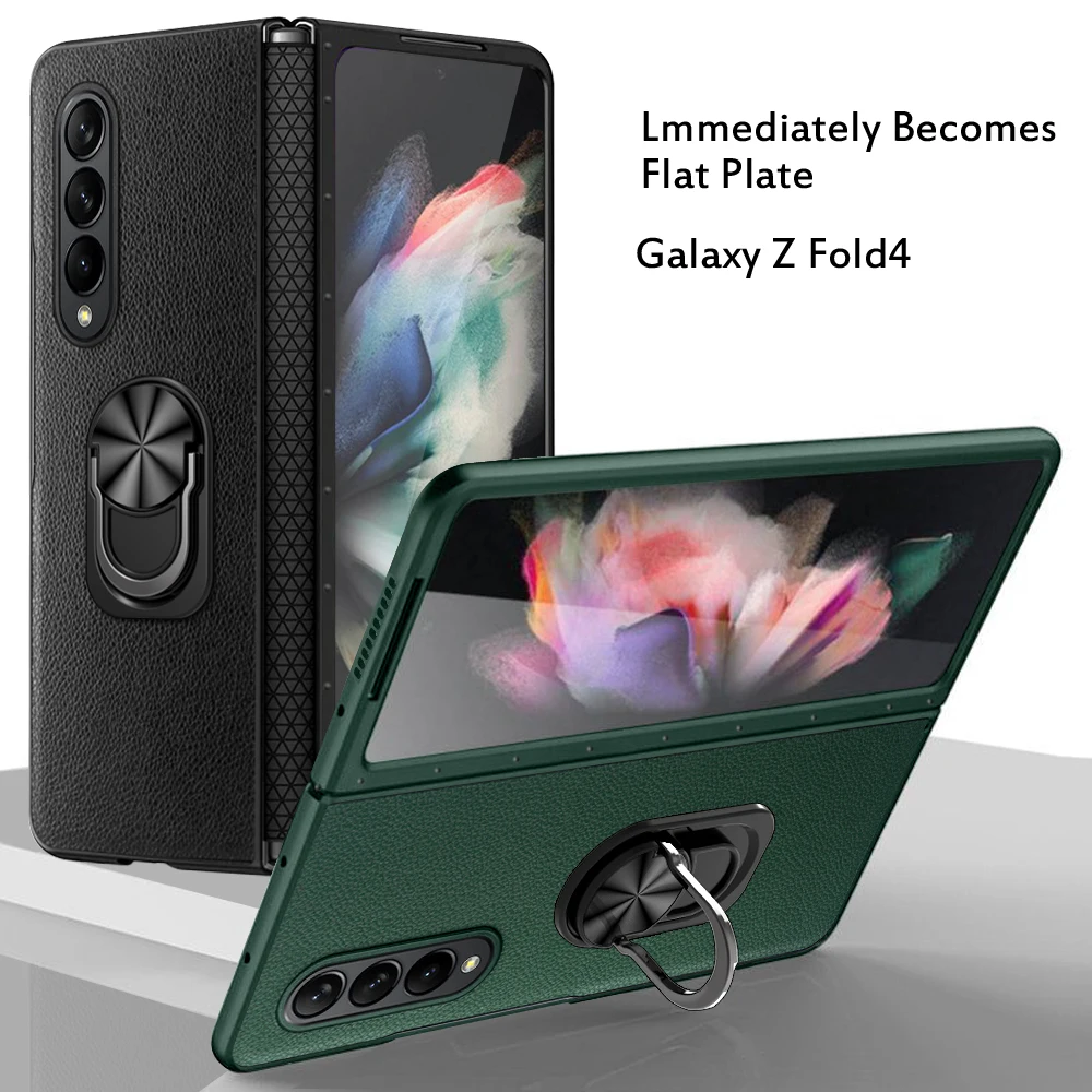 

For Samsung Galaxy Z Fold 4 Case Luxury Lychee Pattern Leather Ring Holder Folding Hinge Screen All-inclusive Shockproof Cover