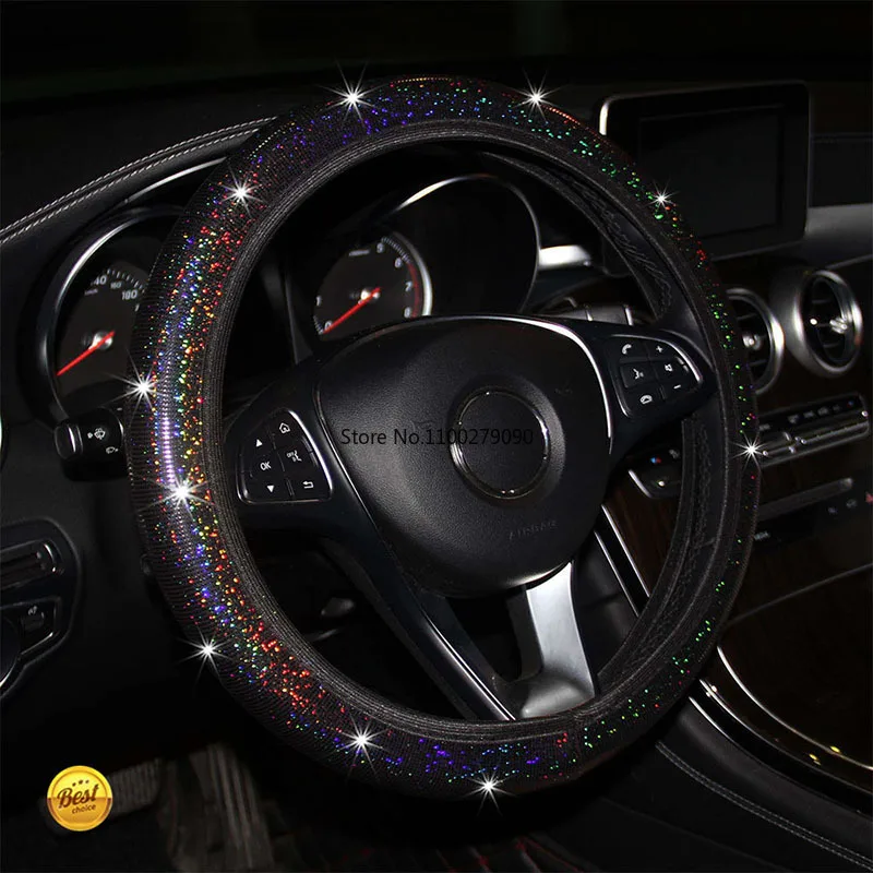

Car Seat Cover Set Steering Wheel 38cm Elastic Grip Colorful Hot Stamping Four Seasons Ringless PU Leather Auto Interior Decor B