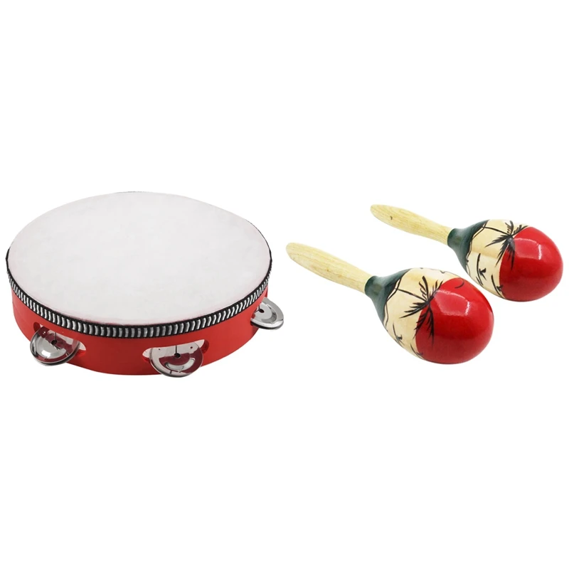 

1 Pcs 8Inch Musical Tambourine Tamborine Drum Gift & 1 Pair Large Maracas Rumba Shakers Rattles Sand Hammer