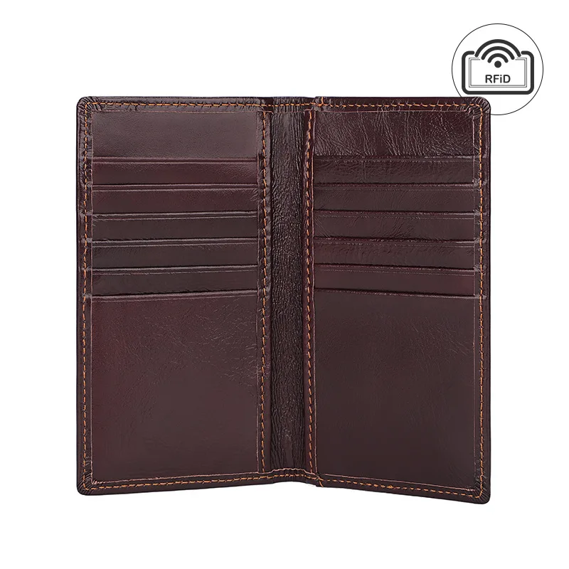 Retro Genuine Leather Men's Wallet Long Oil Wax Leather Wallet RFID Blocking Anti-theft 12 Card Holder Men Purse Wholesale