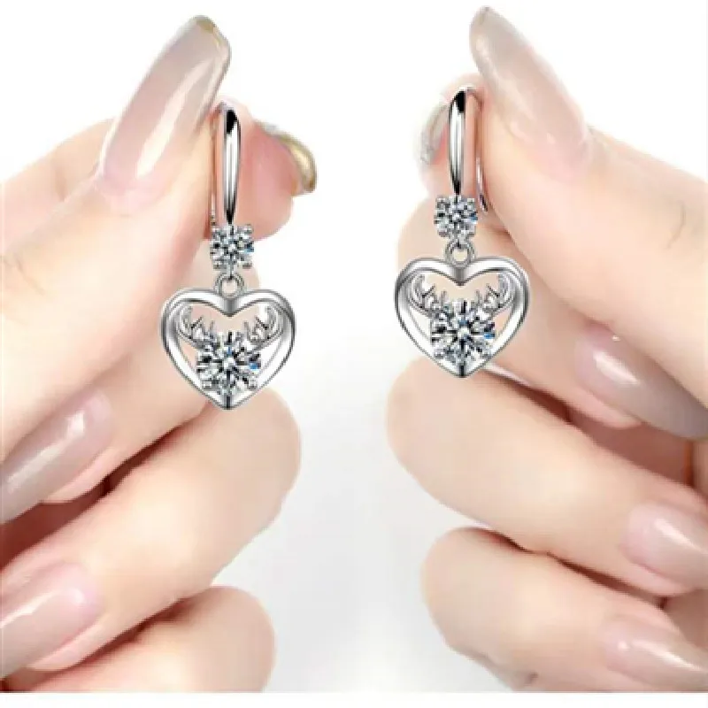 

Fashion Ladies Stainless Steel Heart Shape Simple Long Crystal Diamond Earrings Pendant Jewelry Bride Wedding Birthday Anniversa