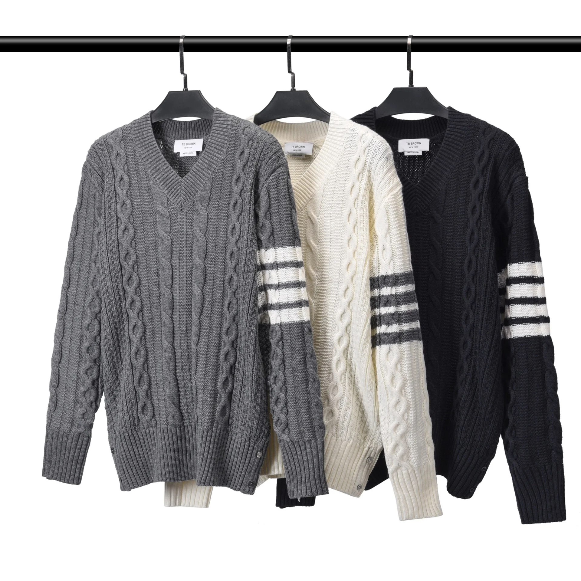 TB BROWIN Autumn Men Swater Wool Cardigan Striped V-Neck Pullover High Quality Casual Knitting Women Top Winter SweatShirt