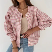 2021 new temperament autumn and winter long sleeved round neck plaid fashion commuter womens short jacket jacket female trend