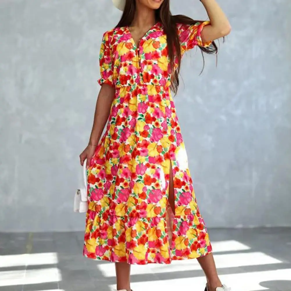 

Premium Summer Dress V Neck Lightweight Women Dress Flower Print Dress