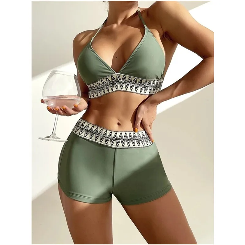 

Sexy High Waist Swimming Suit for Women Halter Bikini Set Boyleg Swimwear Biquini Patchwork Bathing Suit 2022 Summer Beachwear