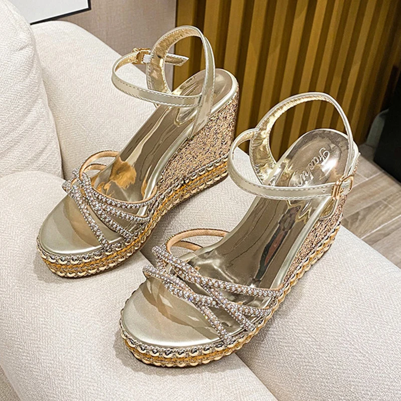 

Women Pumps Wedges High Heels Female Sandals 2022 Bling Peep Toe Summer High-Heeled Platform Shoes For Ladies Pearl Slides