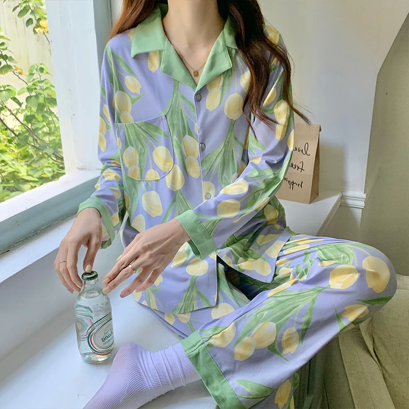 Long sleeve Pajamas Women Summer Sweet Pure Cotton New Tulip Spring and Autumn Winter Student Home Wear Set