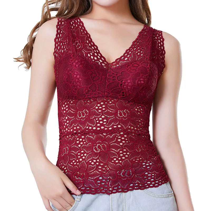 

Fashion Women Sexy Lace Flower Crop Top With Chest Pad Long V-Neck Sleeveless Solid Color Vest Tops Camisole