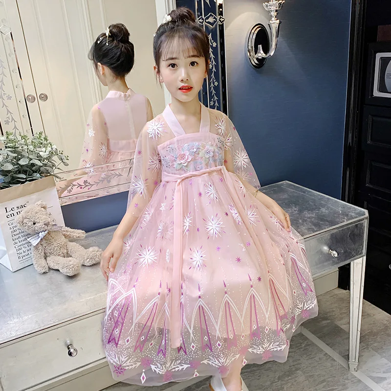 

2022 Girls Summer Princess Dress Hinese Traditional Hanfu Childrens Lace Dresses Big Child Brief Embroidery Dress Kids Clothes