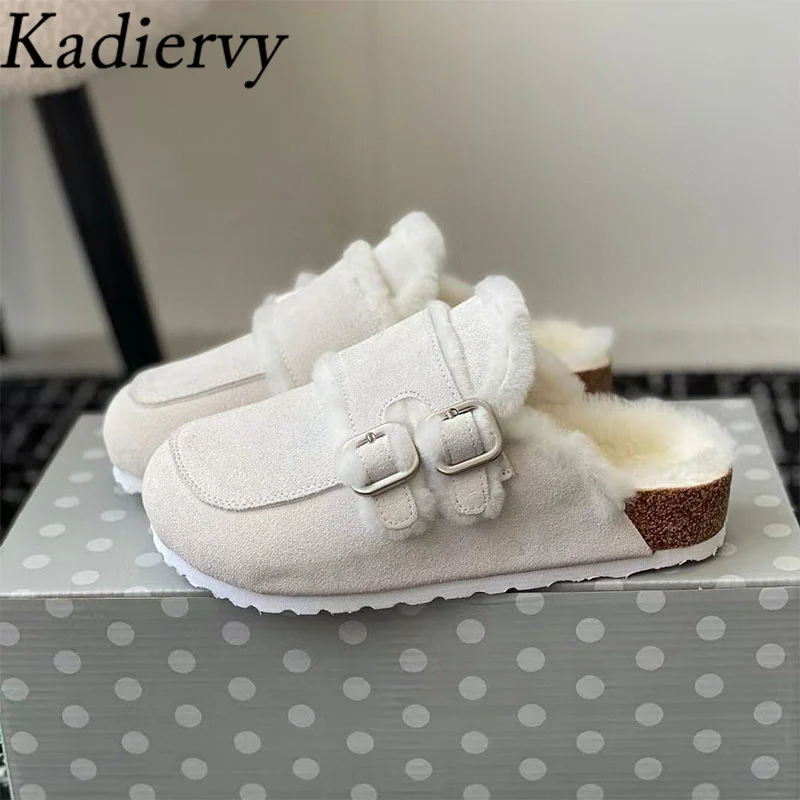 Женские замшевые шлепанцы круглый носок металлическая пряжка сланцы шерстяная