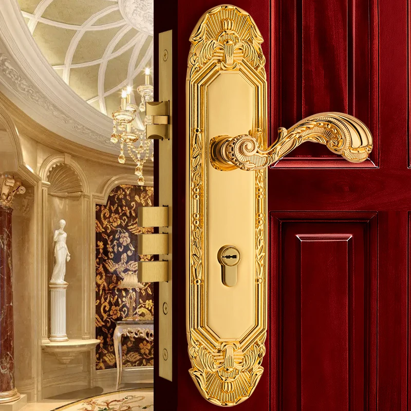 

Europen Golden Fashion Entrance Door Locks Brass Gate Lock Rose Golden Wood Door Handle Lockset Villa Front Door Locksets