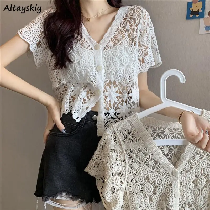 

Hollow Out Shirts Women Baggy Solid Prairie Chic Summer Designed Leisure Office Lady V-neck Gentle Comfortable All-match Popular