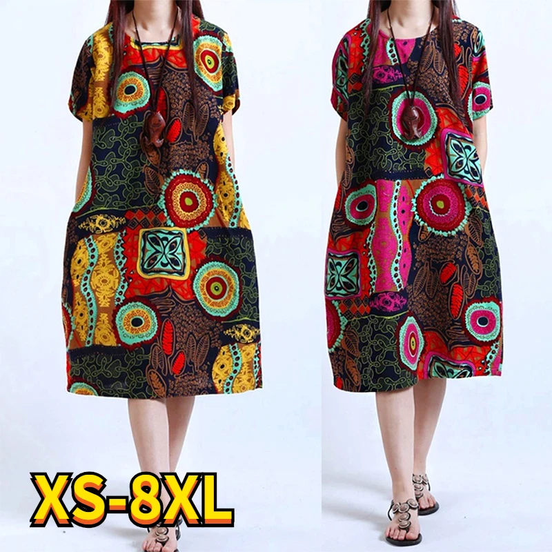

2022 Summer Elegant Women's Beautiful View Printed Painting Dress Round Neck Loosen Female Dress New Design Blue Red Purple 8XL