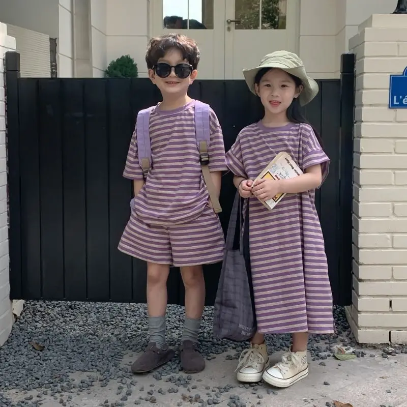 

Summer Brother Sister Matching Clothes for Boy and Girl Outfits Baby Girl Striped Dress Children Top+short Set Korean Kids Suit