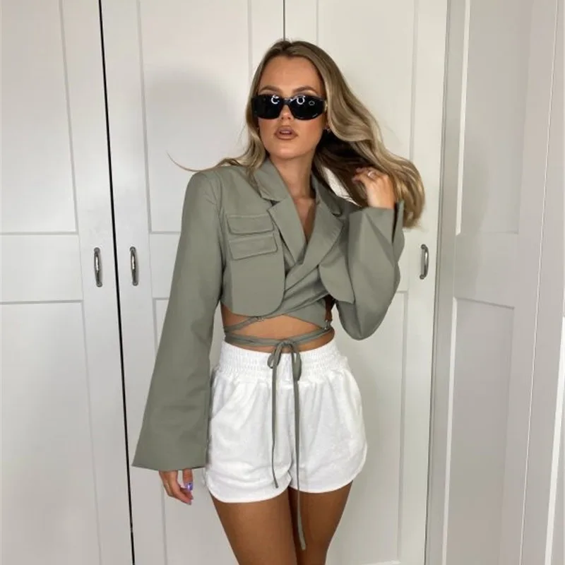 

Blazers Women Indie Sexy Short Crop Top Solid Colors Buttonless Bandage Cottagecore Suit 2023 Spring Autumn New Fashion Blazer