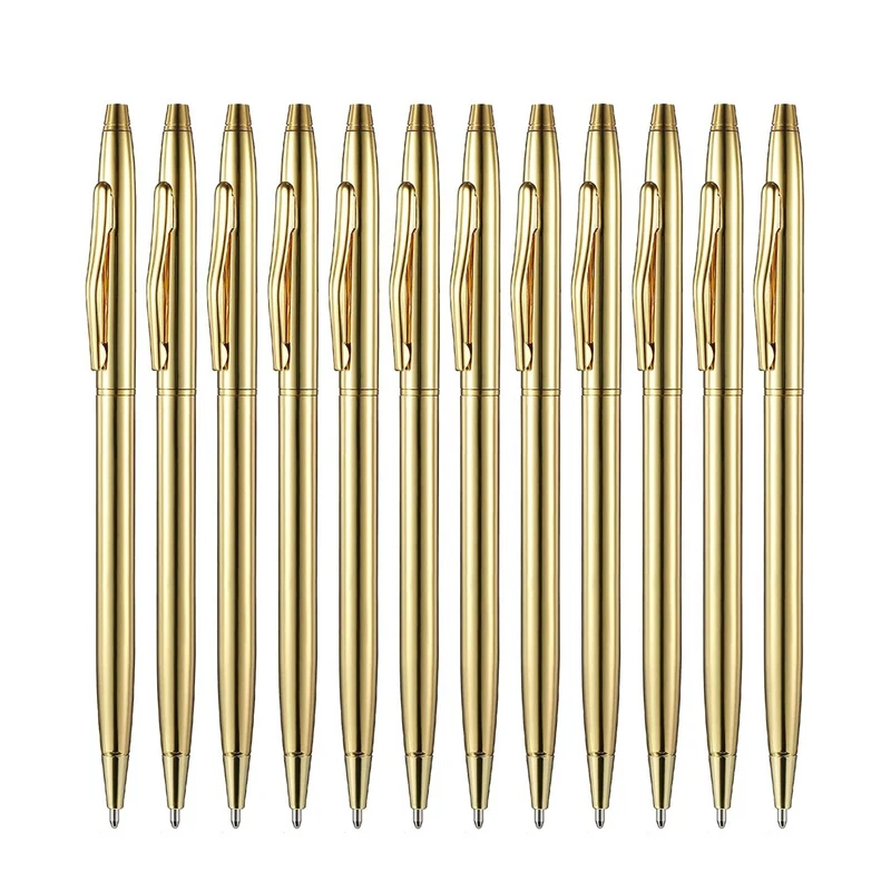 

12 PCS Gold Slim Ballpoint Pens Black Ink 1 mm Medium Point Metallic Retractable Pens for Students Teachers Office