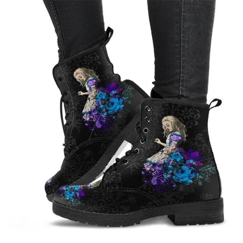 Women Ankle Boots Low Heels Shoes Woman Vintage Pu Leather 2020 Autumn Warm Winter High Snow Boots Motorcycle Skull Pansy