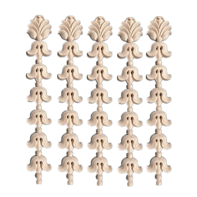 5PCS 28cm Modern Carved Floral Wooden Furniture Decoration Accessories Cabinet Corner Doors Wood Figurines Onlay Wood Applique