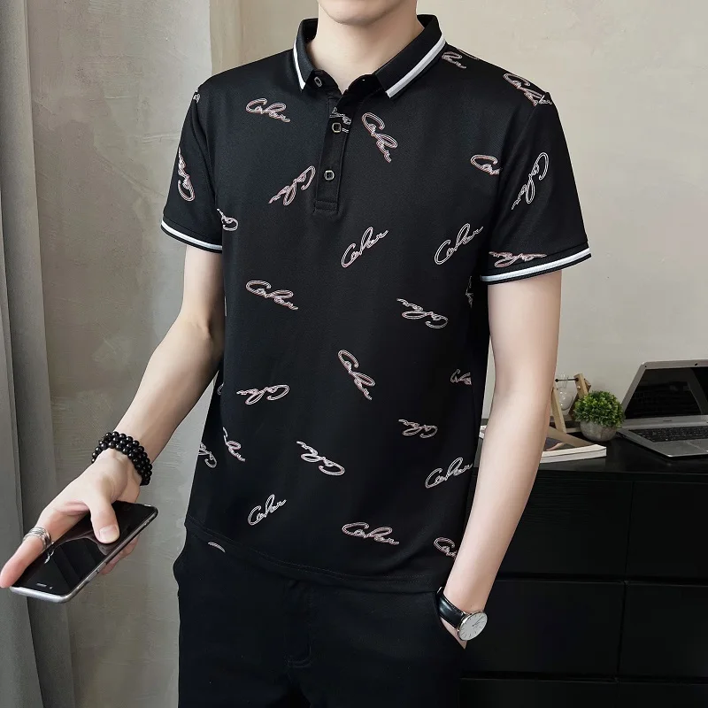 

2022 Summer Letter Print POLO Shirts Men Short Sleeve Slim Business Casual T-Shirts Social Streetwear Lapel Tee Top Men Clothing