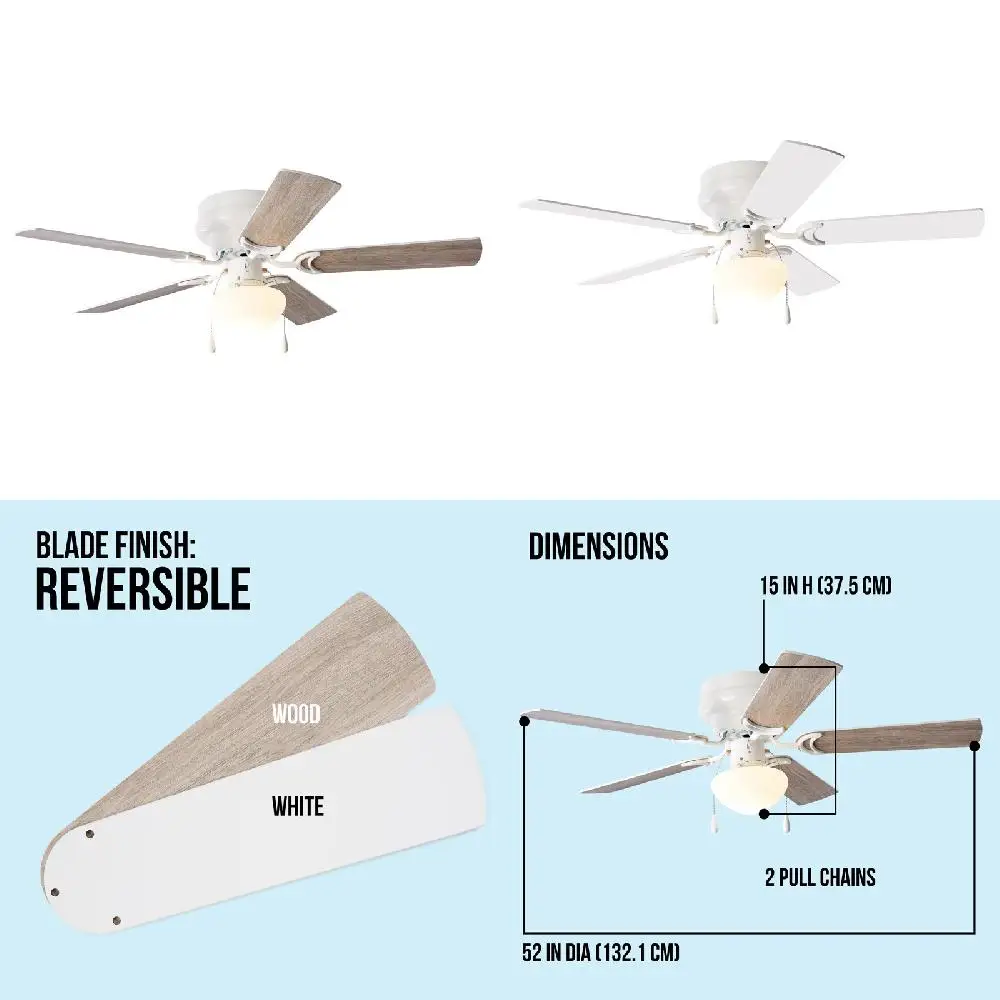 

Luxurious White 52-Inch 5-Blade Hugger Ceiling Fan with Reversible Airflow and Light Kit - Perfect for Your Indoor Spaces.
