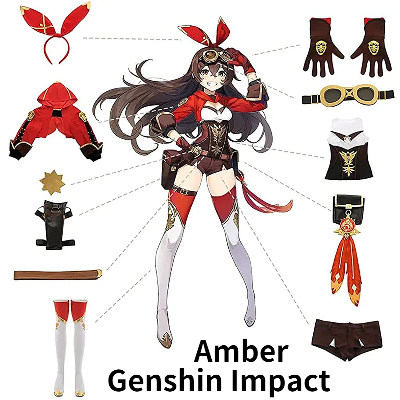 Anime Game Genshin Impact Amber Cosplay Costume Women Girls Red Suit Jumpsuit Halloween Party Costumes Wig Shoes Full Set