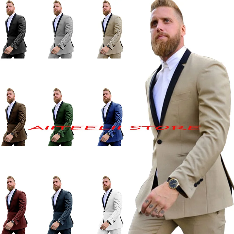 Men's Suit 2 Piece Formal Business Blazer Pants Male Jacket Groom Wedding Tuxedo Shawl Collar Dress