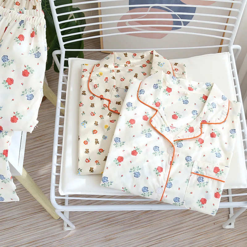 Spring/Autumn Women Cotton Pajamas Four Seasons Thin Long-sleeved Suit Plain Cloth Floral Middle-aged Elderly Living Clothes New